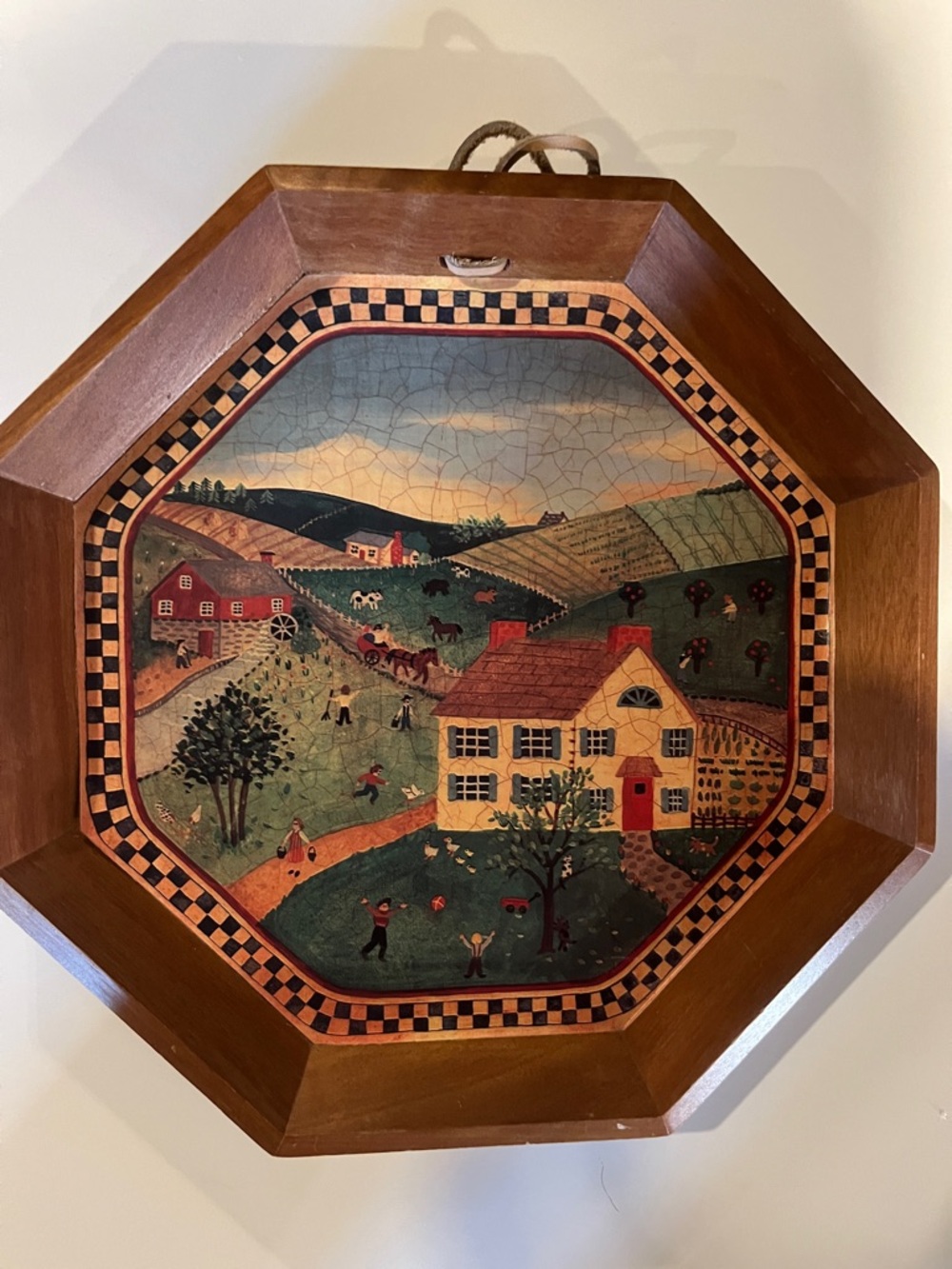 Painted Octagonal Folk Farm Wall Tray - Yellow House with Red Accents